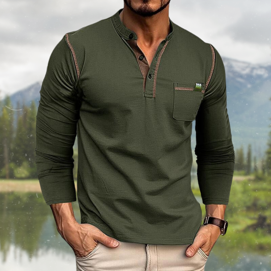Men's Stand Collar Shirt with Button Placket and Chest Pocket