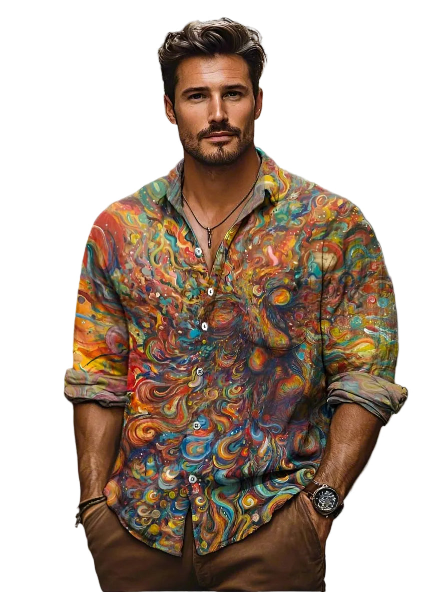 Men's Abstract Pattern Button-Up Shirt with Chest Pocket