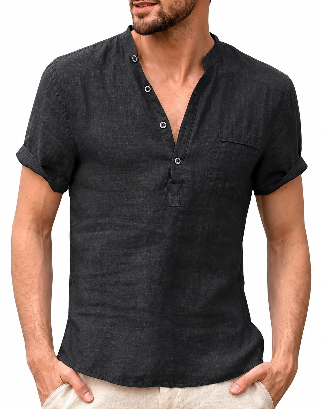 Men's Button Placket Shirt with Rolled Cuffs