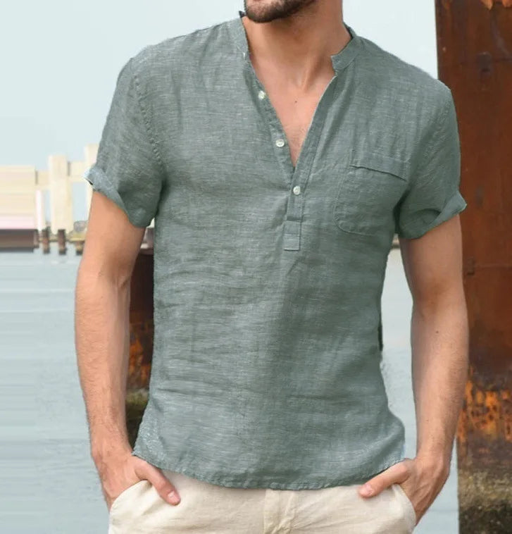 Men's Button Placket Shirt with Rolled Cuffs