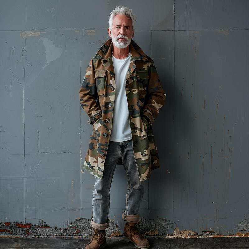 Men's Camouflage Cargo Trench Coat with Pockets