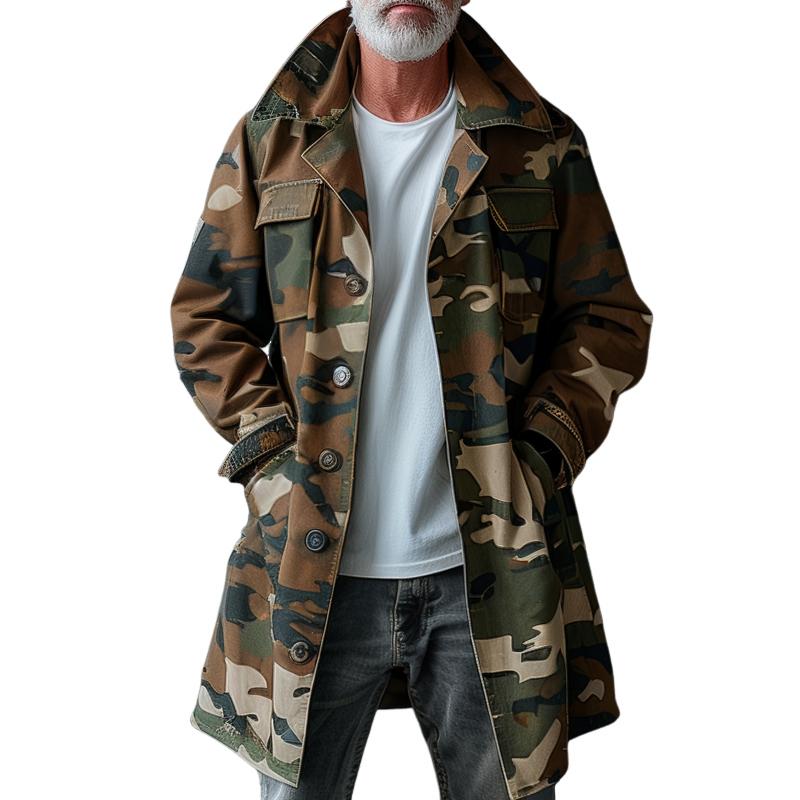 Men's Camouflage Cargo Trench Coat with Pockets