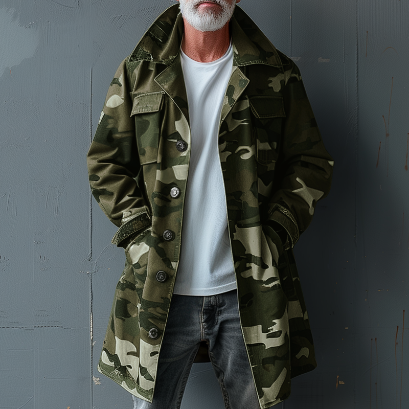 Men's Camouflage Cargo Trench Coat with Pockets