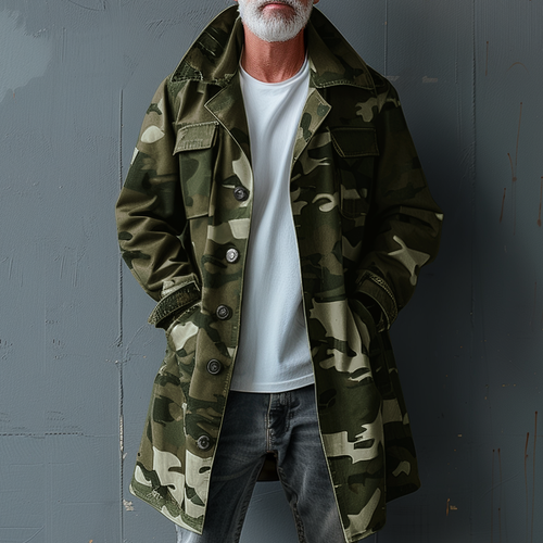Men's Camouflage Cargo Trench Coat with Pockets