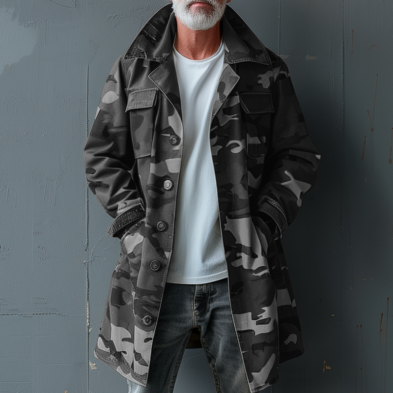 Men's Camouflage Cargo Trench Coat with Pockets