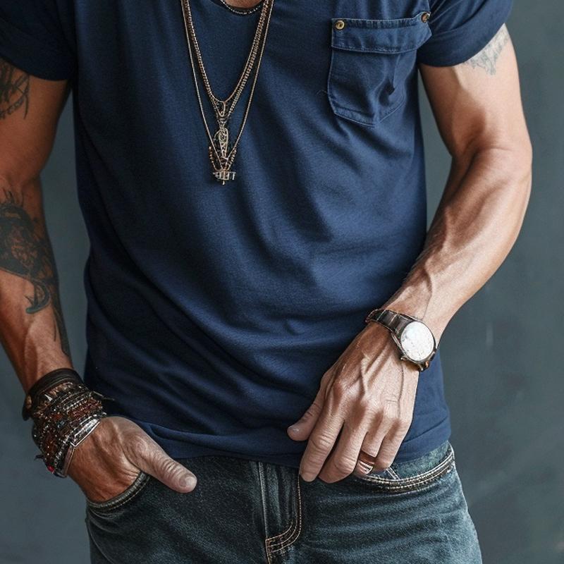 Men's Casual V-Neck T-Shirt with Chest Pocket