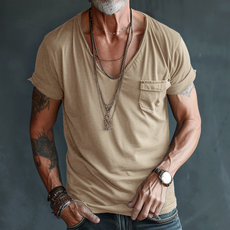 Men's Casual V-Neck T-Shirt with Chest Pocket