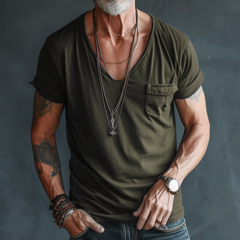 Men's Casual V-Neck T-Shirt with Chest Pocket