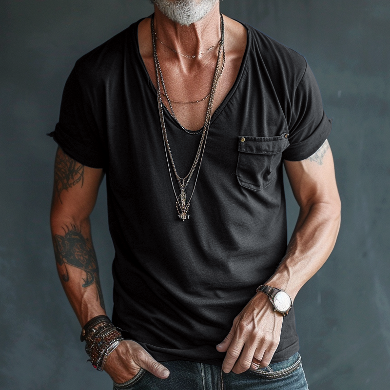Men's Casual V-Neck T-Shirt with Chest Pocket