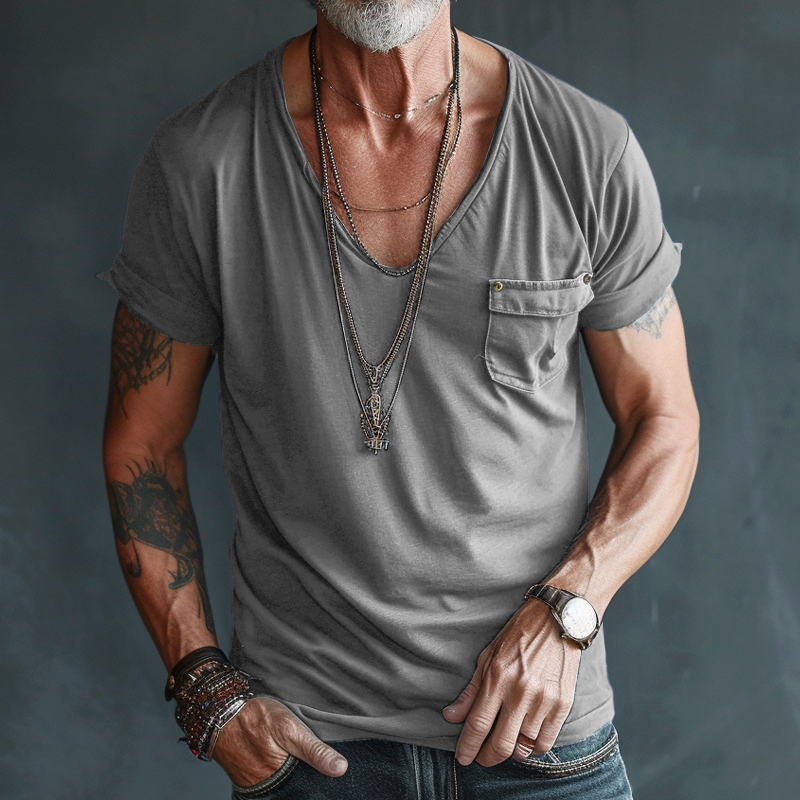 Men's Casual V-Neck T-Shirt with Chest Pocket