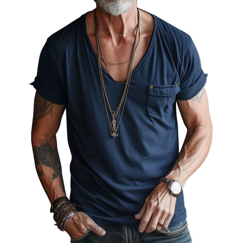 Men's Casual V-Neck T-Shirt with Chest Pocket