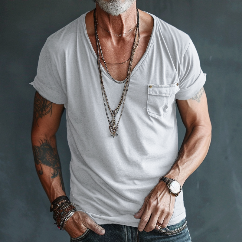 Men's Casual V-Neck T-Shirt with Chest Pocket