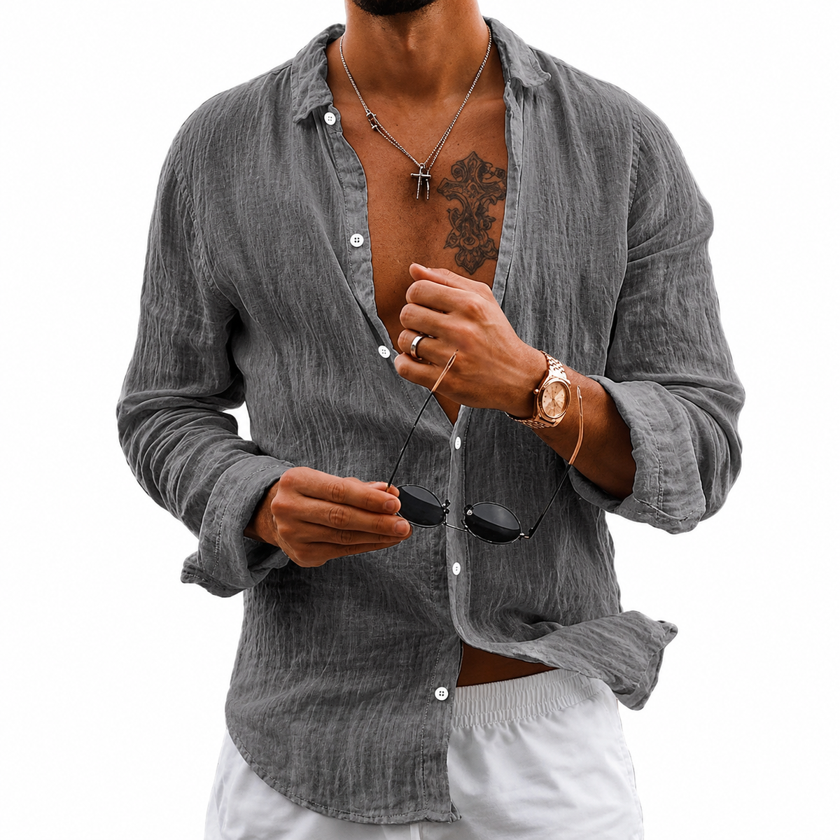 Men's Cotton Linen Long Sleeve Lapel Shirt