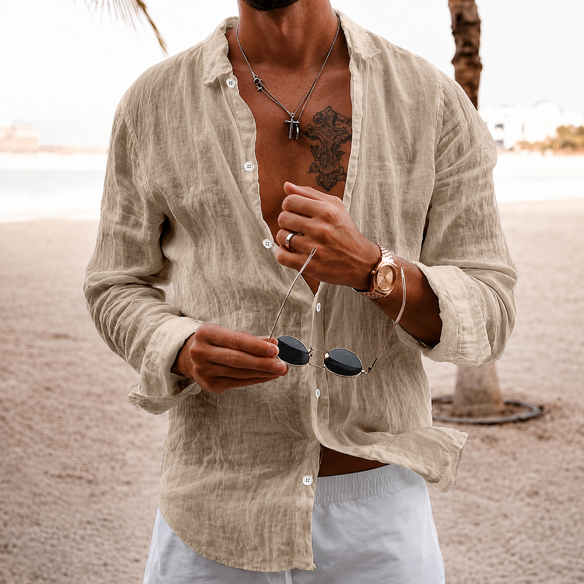 Men's Cotton Linen Long Sleeve Lapel Shirt