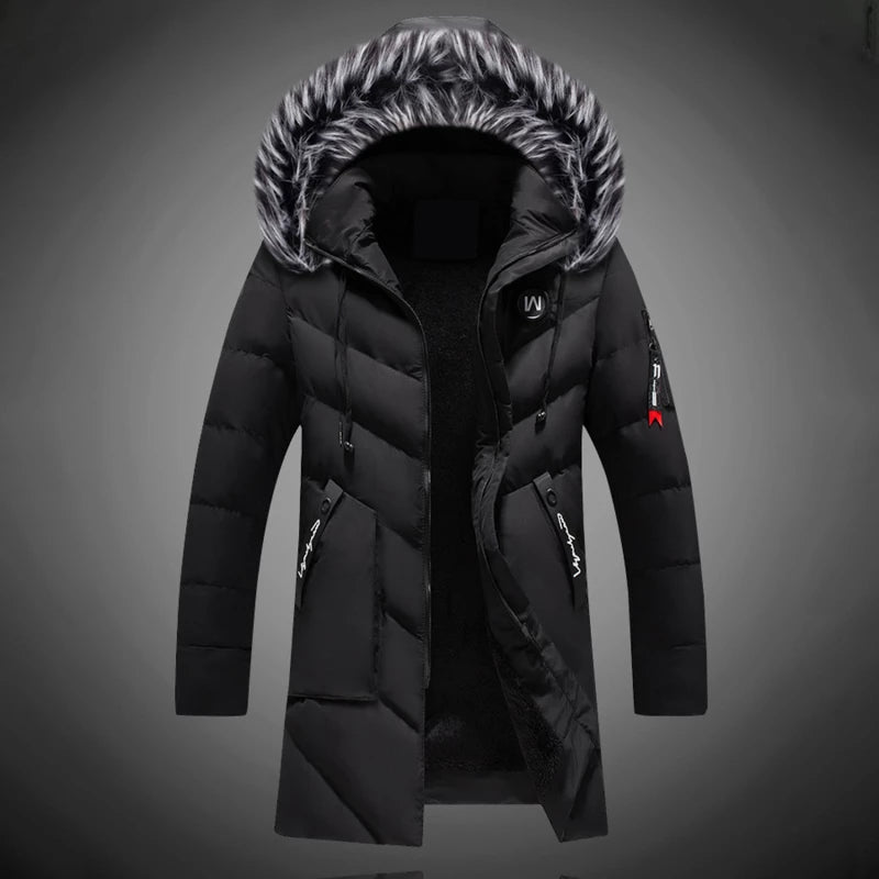 Men's Long Quilted Jacket with Faux-Fur Trim
