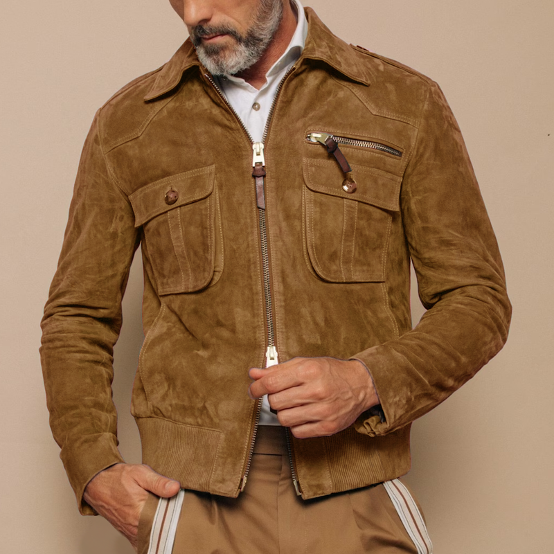 Men's Retro Lapel Suede Zip-Up Jacket