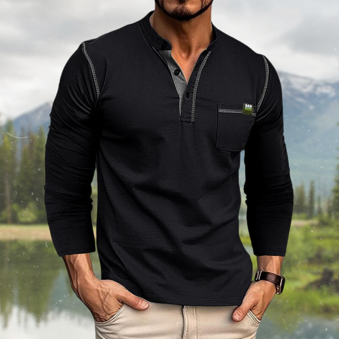 Men's Stand Collar Shirt with Button Placket and Chest Pocket