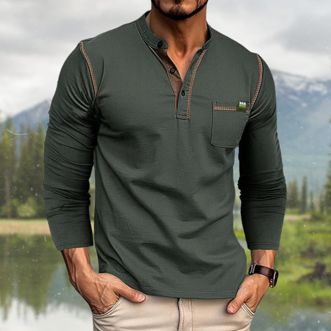 Men's Stand Collar Shirt with Button Placket and Chest Pocket