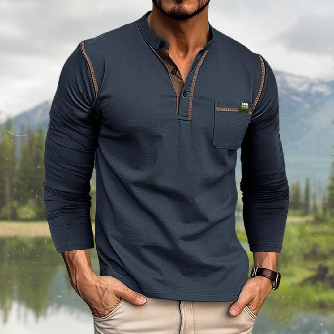 Men's Stand Collar Shirt with Button Placket and Chest Pocket