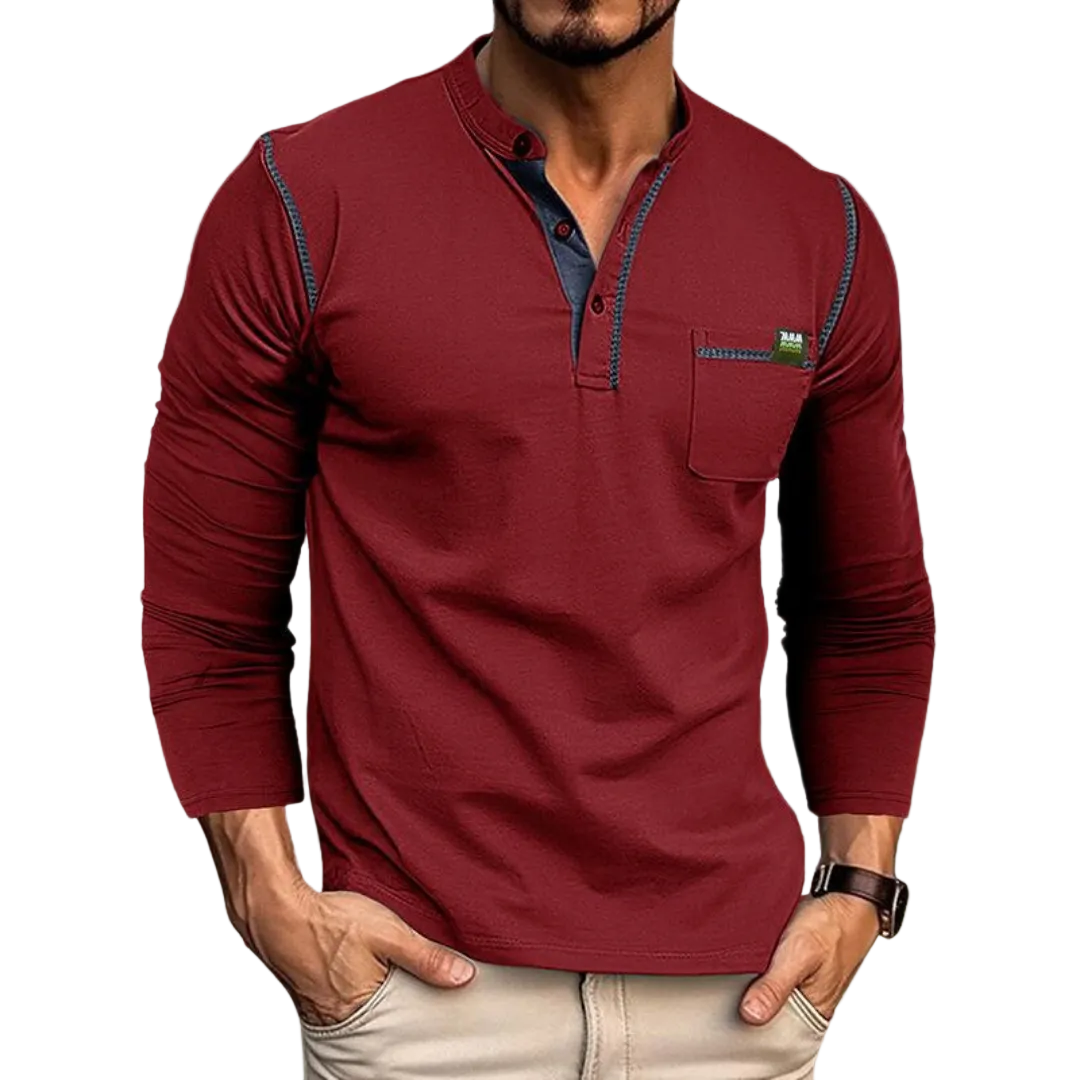 Men's Stand Collar Shirt with Button Placket and Chest Pocket