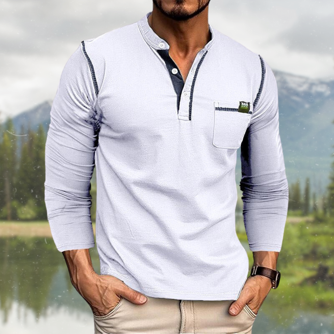 Men's Stand Collar Shirt with Button Placket and Chest Pocket