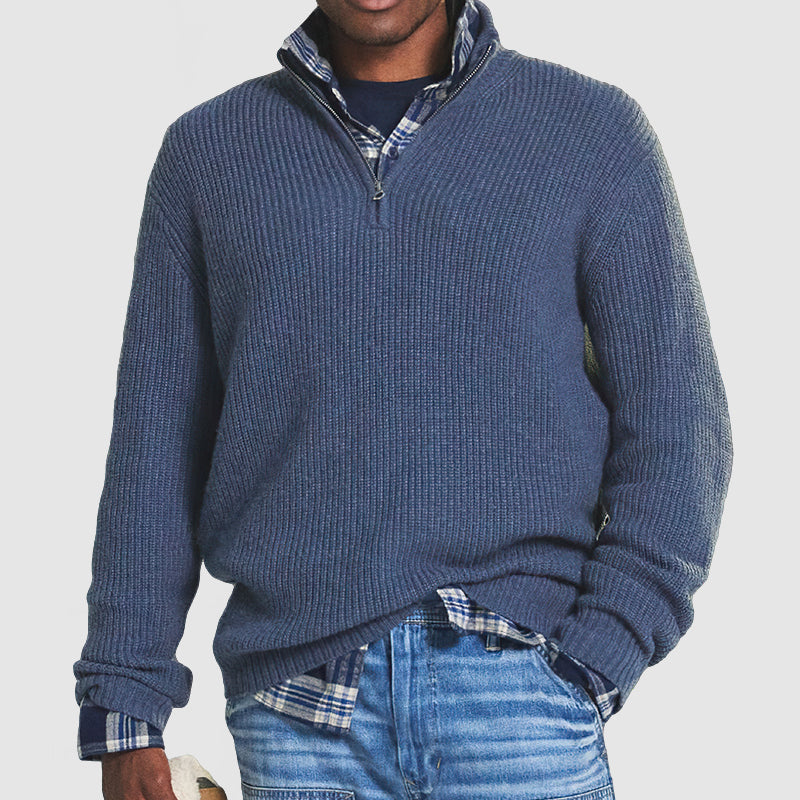 Men's Stand Collar Sweater with Ribbed Cuffs and Hem