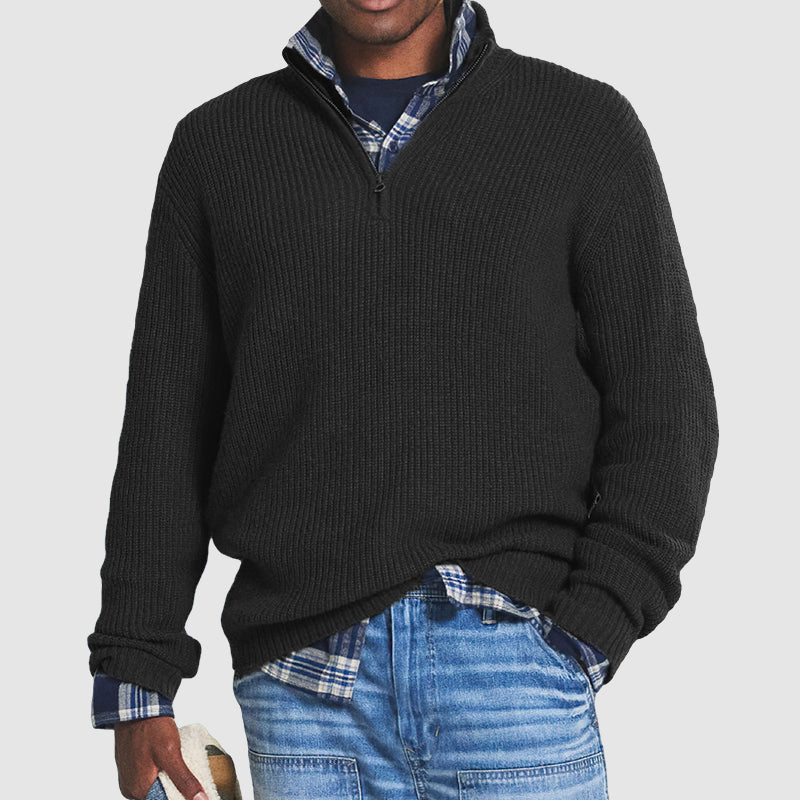 Men's Stand Collar Sweater with Ribbed Cuffs and Hem