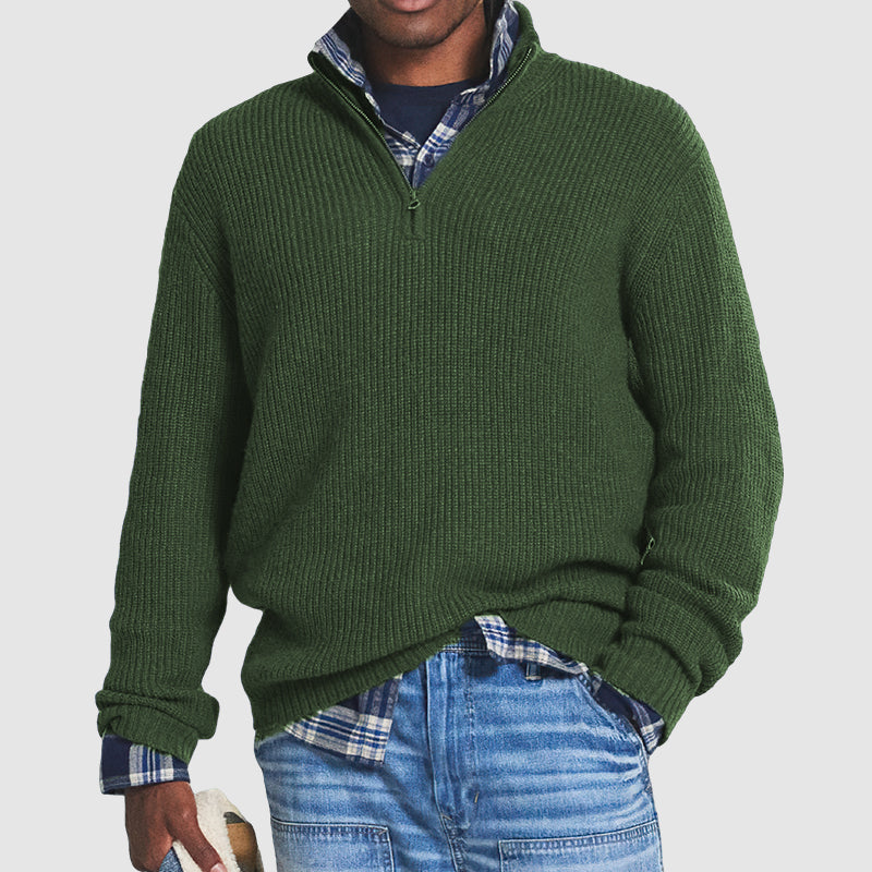 Men's Stand Collar Sweater with Ribbed Cuffs and Hem