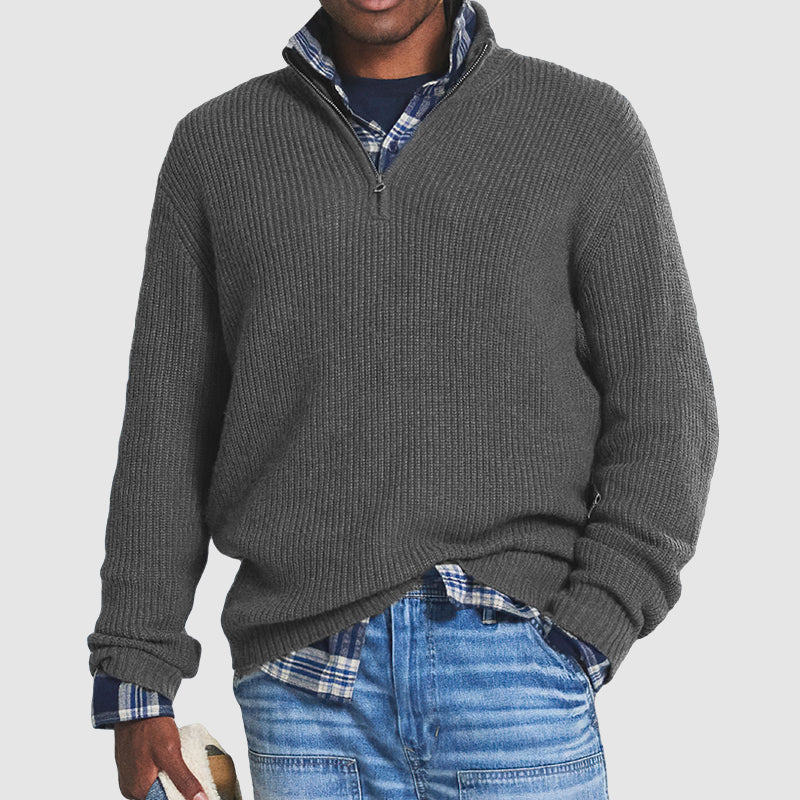 Men's Stand Collar Sweater with Ribbed Cuffs and Hem