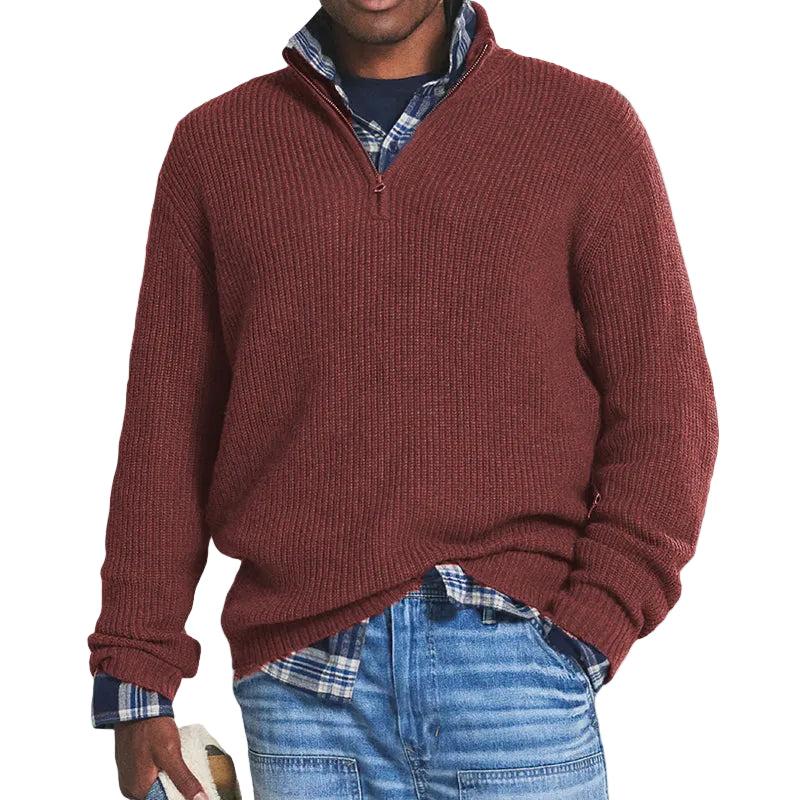 Men's Stand Collar Sweater with Ribbed Cuffs and Hem