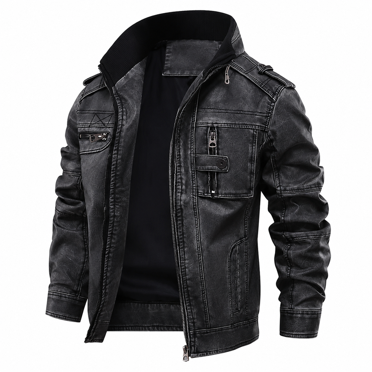 Men's Stand Collar Zip-Front Jacket with Epaulettes