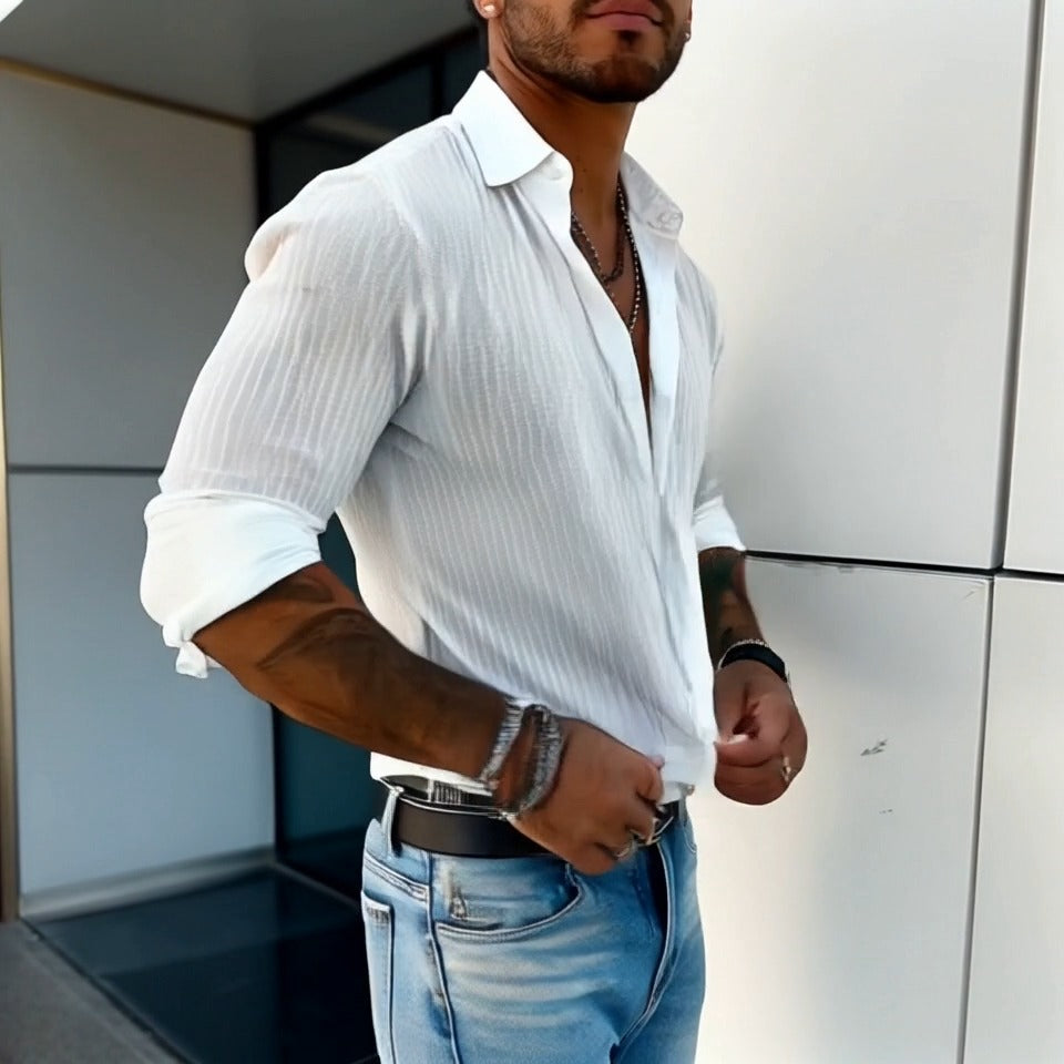 Men's Striped Long Sleeve Linen Shirt