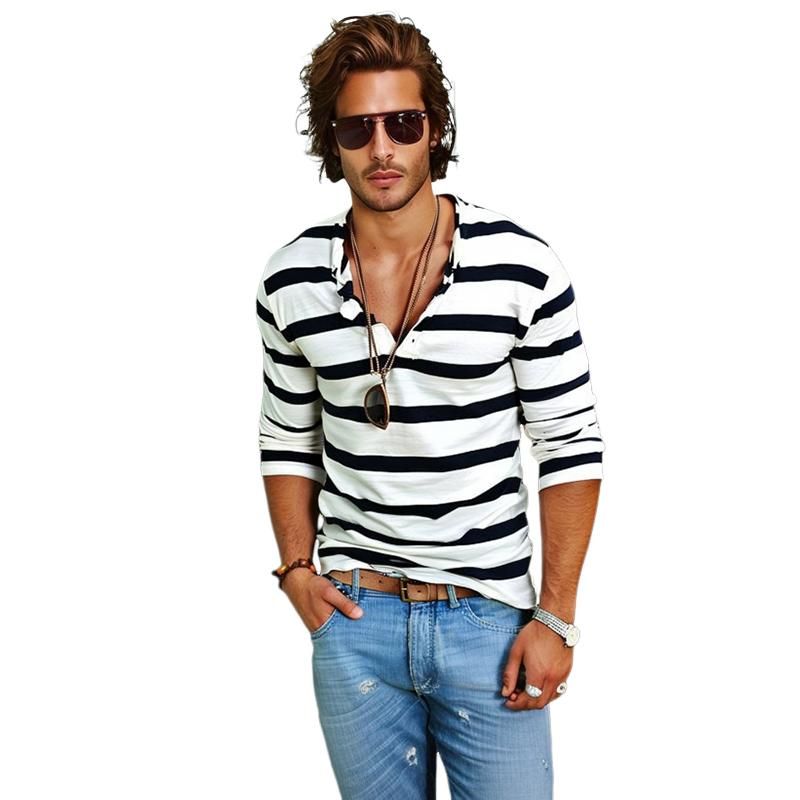 Men's V-Neck Button Placket Shirt with Rolled Cuffs