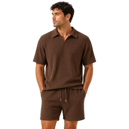Men’s Stripe Texture Two Piece Polo and Shorts Set