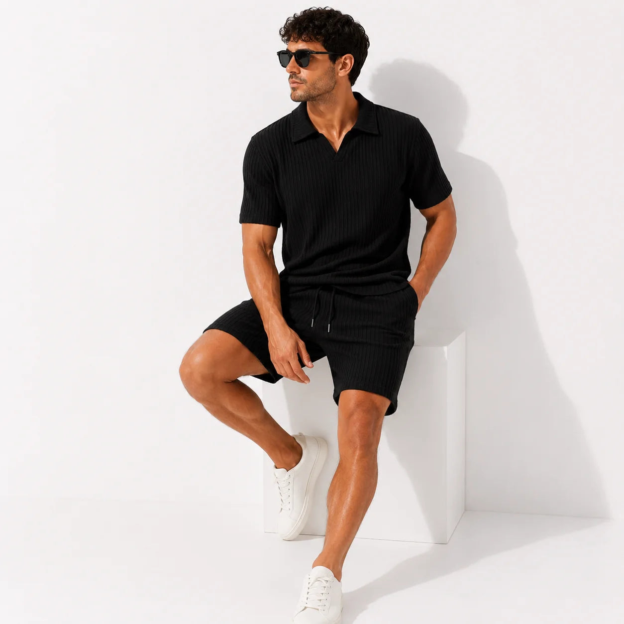 Men’s Stripe Texture Two Piece Polo and Shorts Set